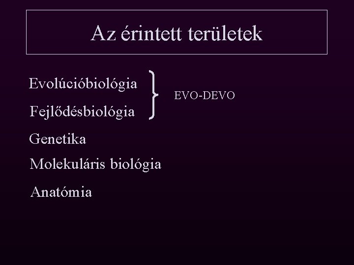 Az érintett területek Evolúcióbiológia Fejlődésbiológia Genetika Molekuláris biológia Anatómia EVO-DEVO 