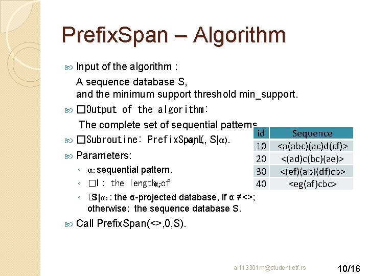 Prefix. Span – Algorithm Input of the algorithm : A sequence database S, and