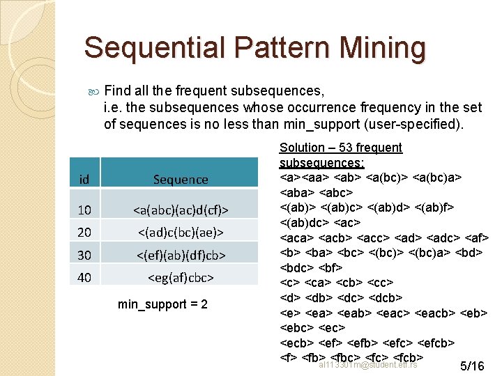 Sequential Pattern Mining Find all the frequent subsequences, i. e. the subsequences whose occurrence