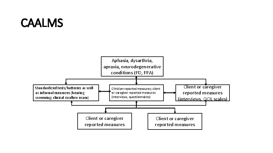 CAALMS Aphasia, dysarthria, apraxia, neurodegenerative conditions (PD, PPA) Standardized tests/batteries as well as informal