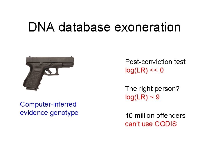 DNA database exoneration Post-conviction test log(LR) << 0 Computer-inferred evidence genotype The right person?