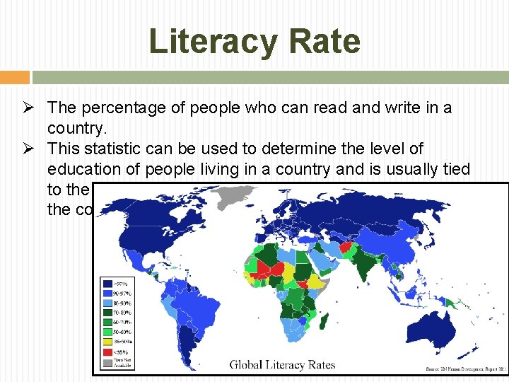 Literacy Rate Ø The percentage of people who can read and write in a