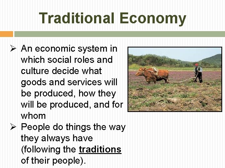Traditional Economy Ø An economic system in which social roles and culture decide what