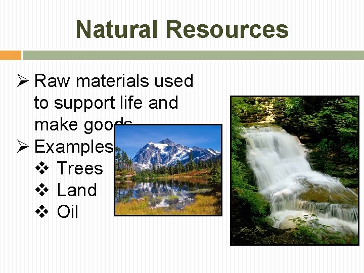 Natural Resources Ø Raw materials used to support life and make goods Ø Examples: