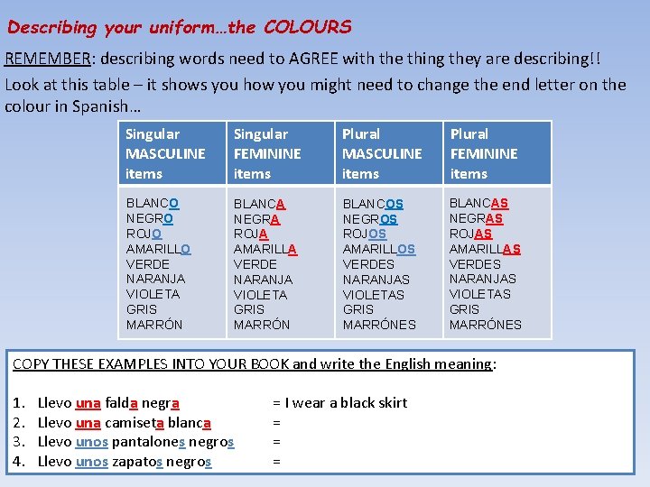 Describing your uniform…the COLOURS REMEMBER: describing words need to AGREE with the thing they