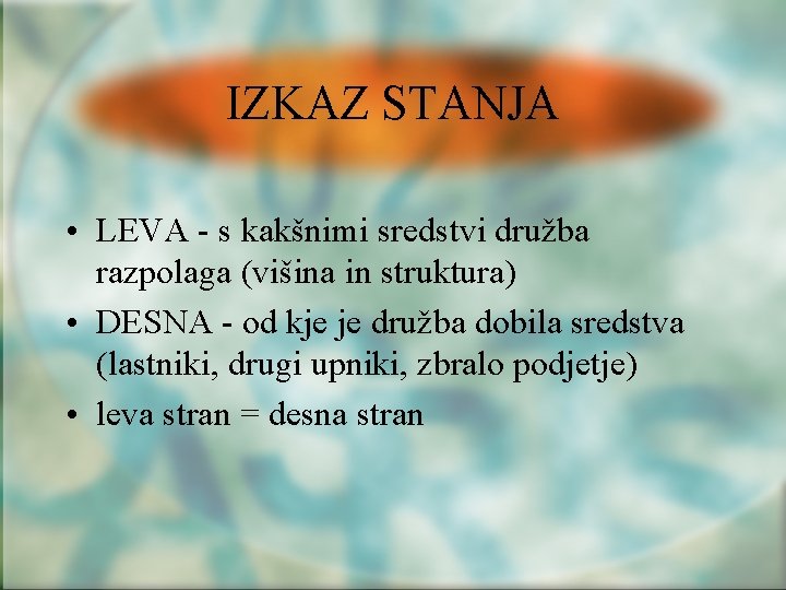 IZKAZ STANJA • LEVA - s kakšnimi sredstvi družba razpolaga (višina in struktura) •