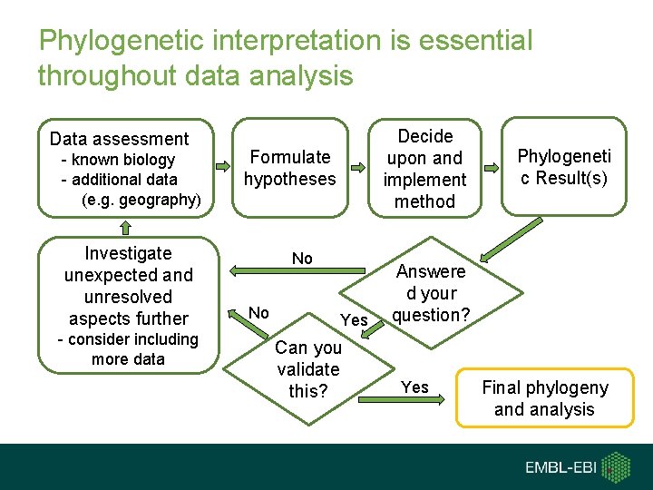 Phylogenetic interpretation is essential throughout data analysis Data assessment - known biology - additional