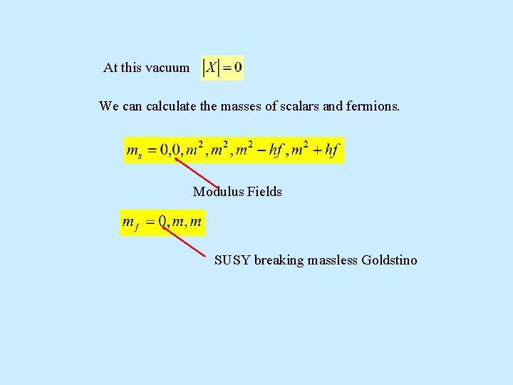 At this vacuum We can calculate the masses of scalars and fermions. Modulus Fields