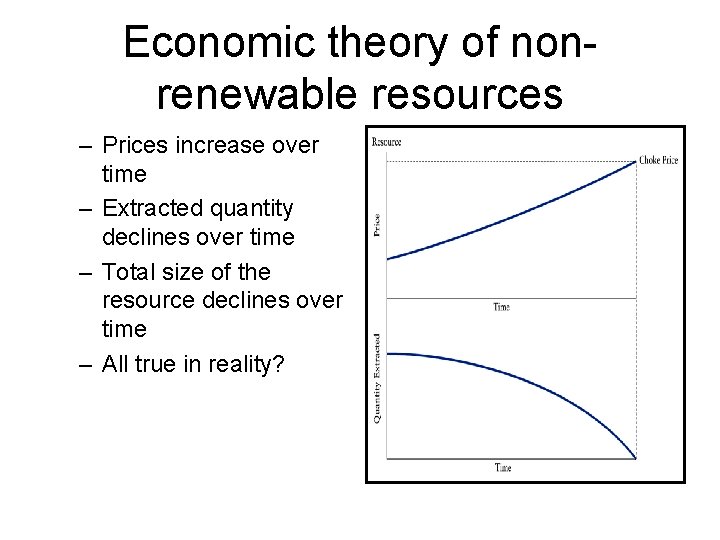 Economic theory of nonrenewable resources – Prices increase over time – Extracted quantity declines