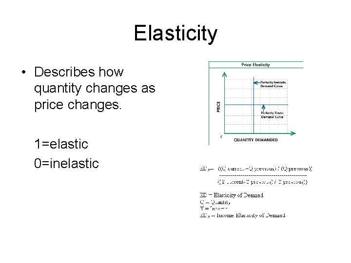 Elasticity • Describes how quantity changes as price changes. 1=elastic 0=inelastic 