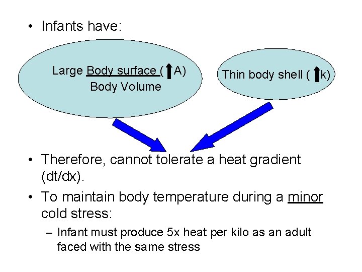  • Infants have: Large Body surface ( A) Body Volume Thin body shell