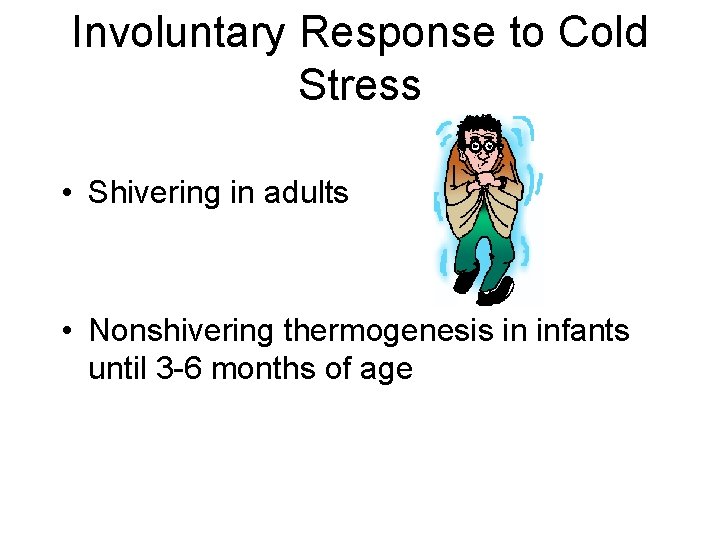 Involuntary Response to Cold Stress • Shivering in adults • Nonshivering thermogenesis in infants