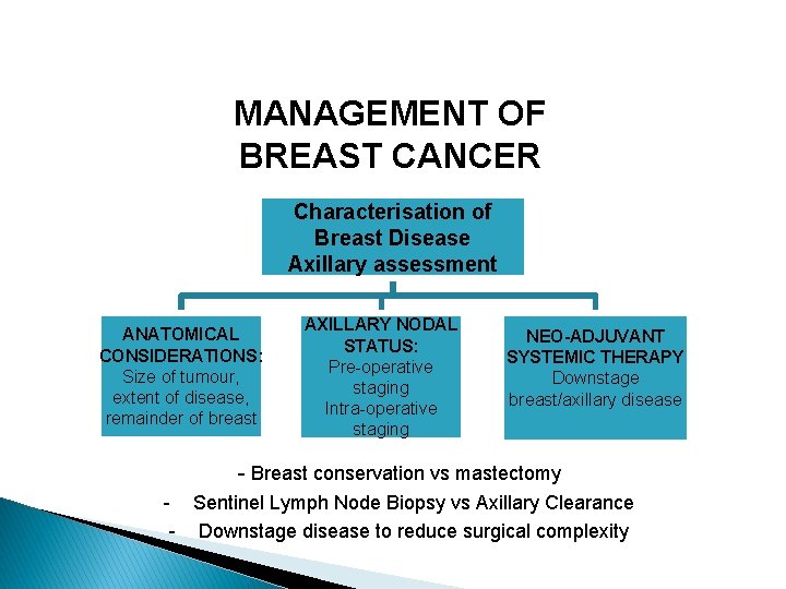 MANAGEMENT OF BREAST CANCER Characterisation of Breast Disease Axillary assessment ANATOMICAL CONSIDERATIONS: Size of