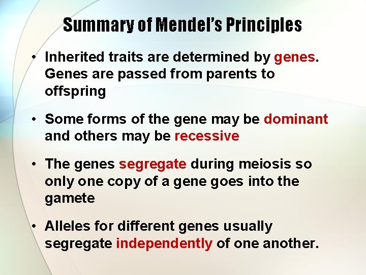 Summary of Mendel’s Principles • Inherited traits are determined by genes. Genes are passed