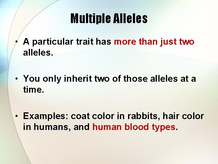 Multiple Alleles • A particular trait has more than just two alleles. • You