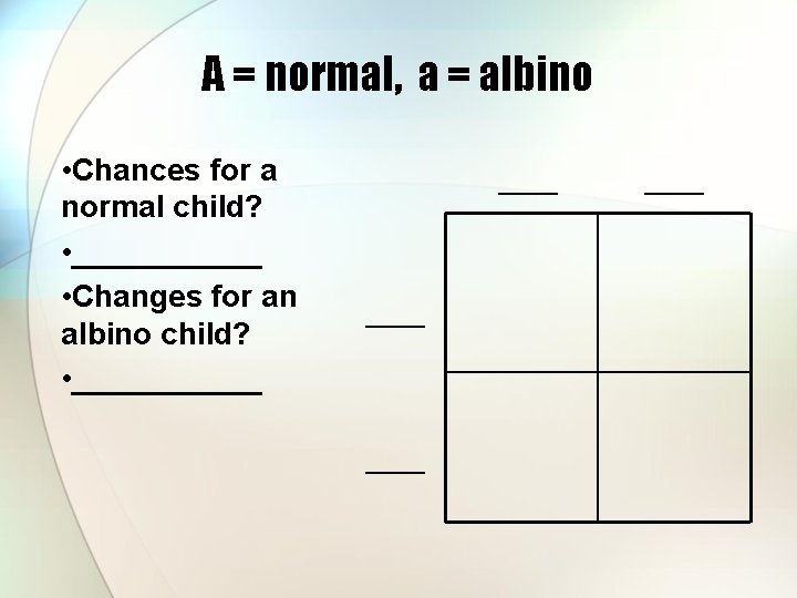 A = normal, a = albino • Chances for a normal child? • ______