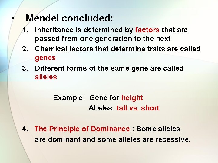  • Mendel concluded: 1. Inheritance is determined by factors that are passed from