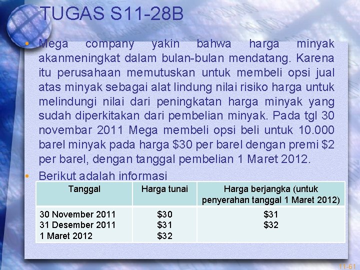 TUGAS S 11 -28 B • Mega company yakin bahwa harga minyak akanmeningkat dalam