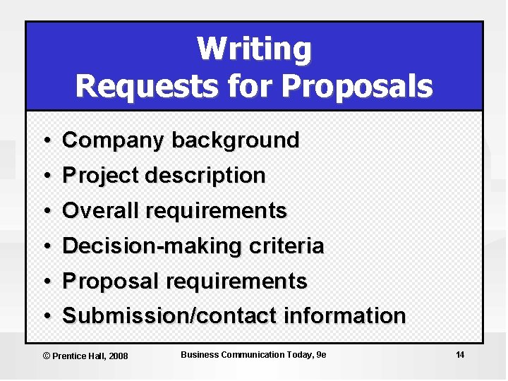 Writing Requests for Proposals • Company background • Project description • Overall requirements •