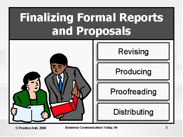 Finalizing Formal Reports and Proposals Revising Producing Proofreading Distributing © Prentice Hall, 2008 Business