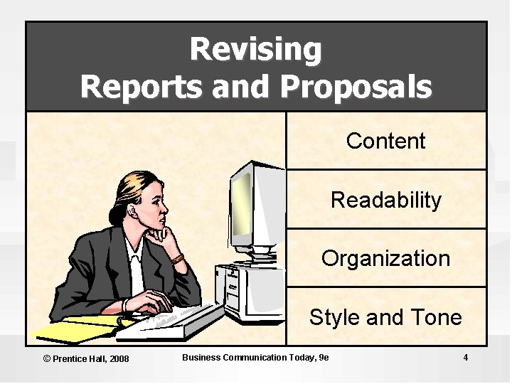 Revising Reports and Proposals Content Readability Organization Style and Tone © Prentice Hall, 2008