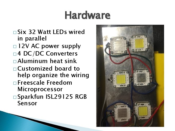 Hardware � Six 32 Watt LEDs wired in parallel � 12 V AC power