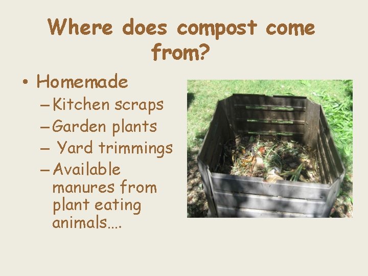 Where does compost come from? • Homemade – Kitchen scraps – Garden plants –