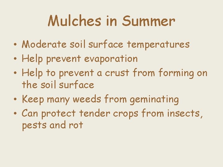 Mulches in Summer • Moderate soil surface temperatures • Help prevent evaporation • Help