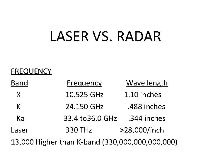 LASER VS. RADAR FREQUENCY Band Frequency Wave length X 10. 525 GHz 1. 10