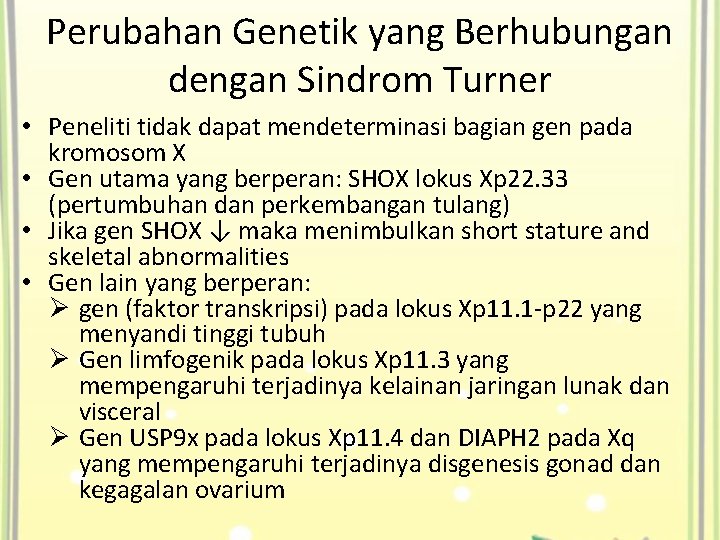 Perubahan Genetik yang Berhubungan dengan Sindrom Turner • Peneliti tidak dapat mendeterminasi bagian gen