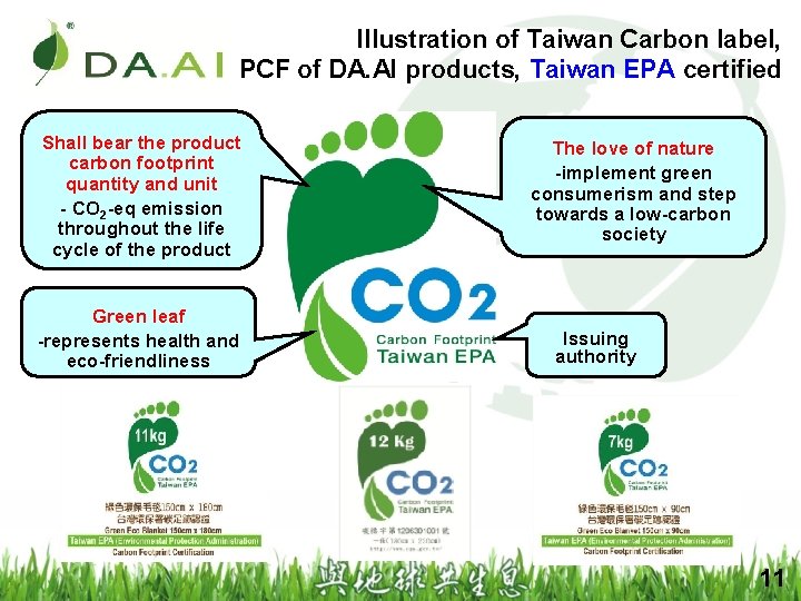 Illustration of Taiwan Carbon label, PCF of DA. AI products, Taiwan EPA certified Shall