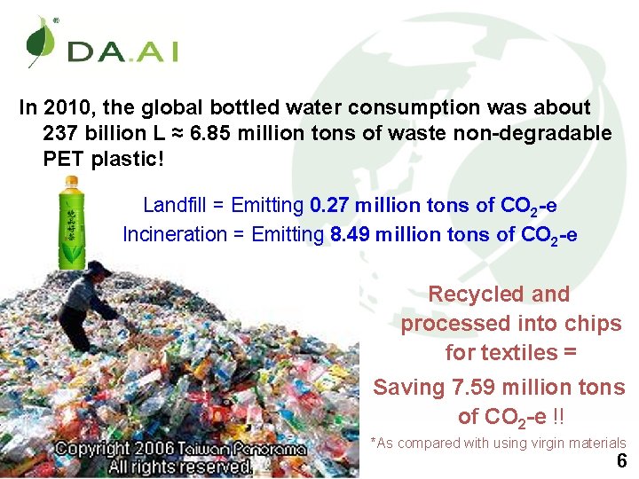 In 2010, the global bottled water consumption was about 237 billion L ≈ 6.