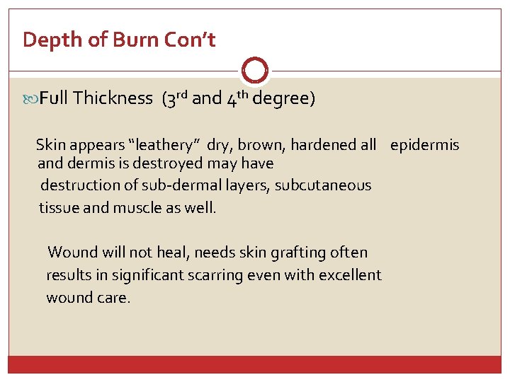 Depth of Burn Con’t Full Thickness (3 rd and 4 th degree) Skin appears