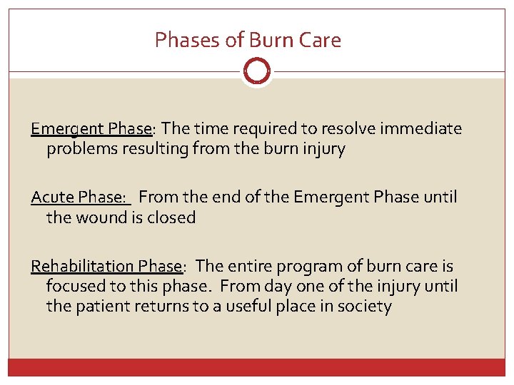 Phases of Burn Care Emergent Phase: The time required to resolve immediate problems resulting