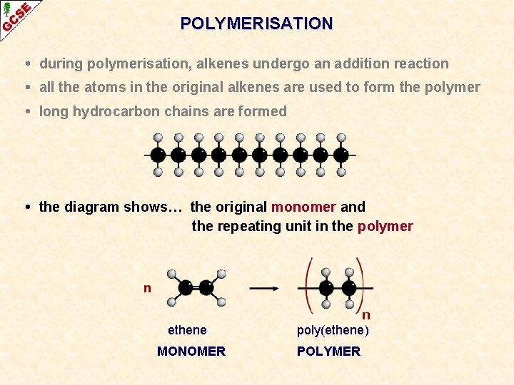 POLYMERISATION • during polymerisation, alkenes undergo an addition reaction • all the atoms in