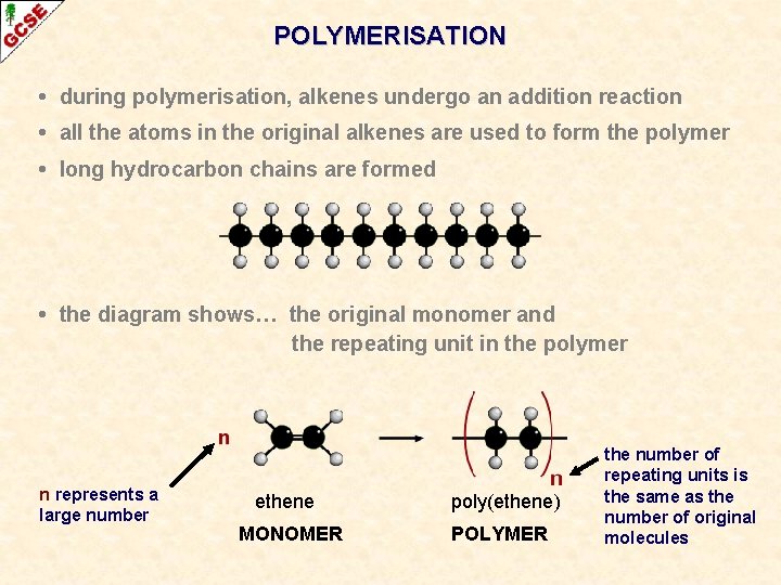 POLYMERISATION • during polymerisation, alkenes undergo an addition reaction • all the atoms in