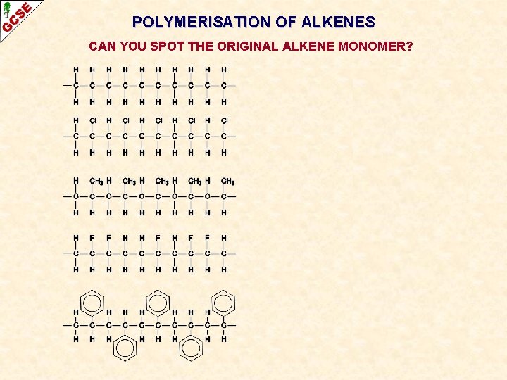 POLYMERISATION OF ALKENES CAN YOU SPOT THE ORIGINAL ALKENE MONOMER? 