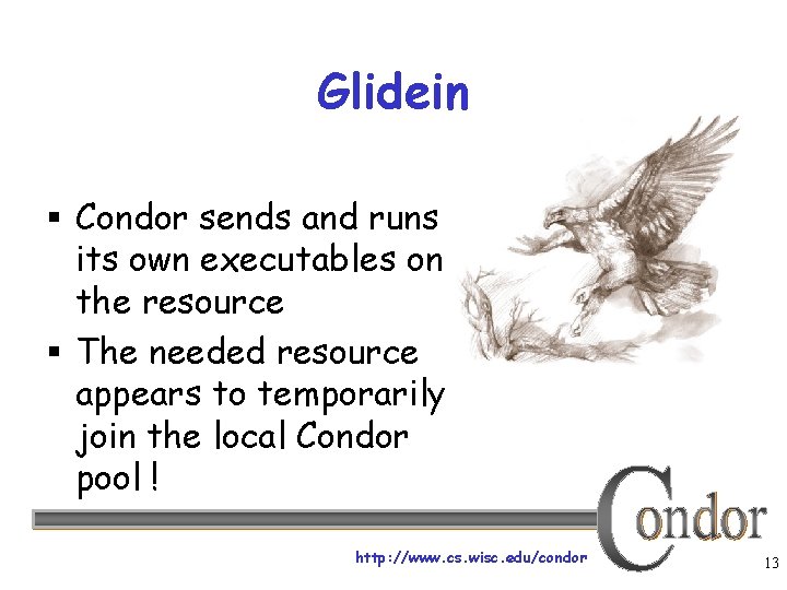 Glidein § Condor sends and runs its own executables on the resource § The