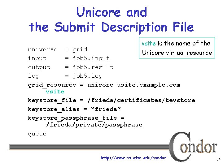 Unicore and the Submit Description File vsite is the name of the Unicore virtual