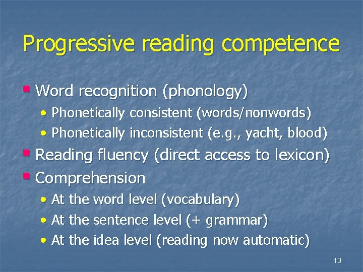 Progressive reading competence § Word recognition (phonology) • Phonetically consistent (words/nonwords) • Phonetically inconsistent