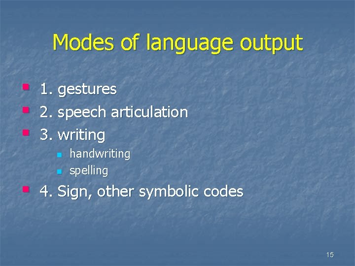 Modes of language output § § § 1. gestures 2. speech articulation 3. writing