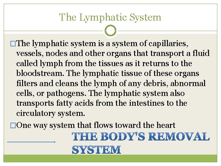 The Lymphatic System �The lymphatic system is a system of capillaries, vessels, nodes and