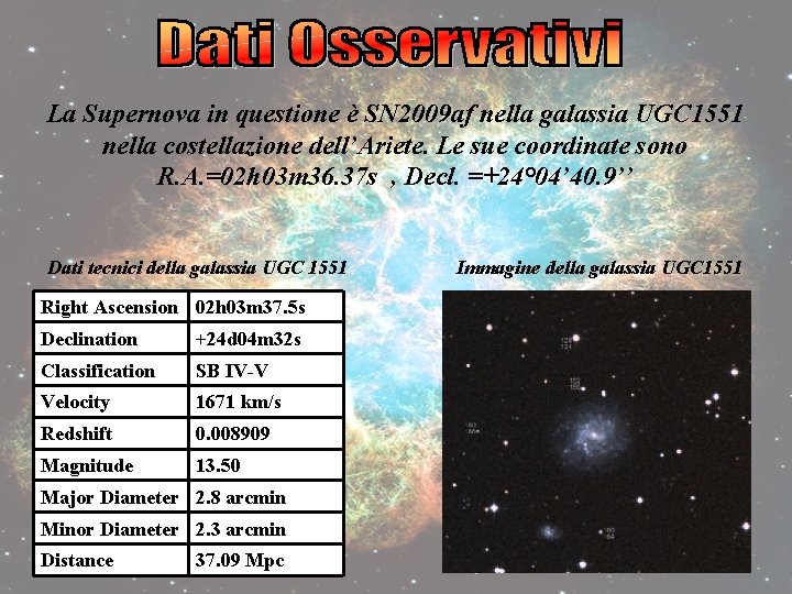 La Supernova in questione è SN 2009 af nella galassia UGC 1551 nella costellazione