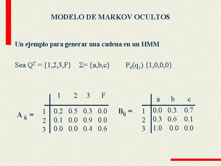 MODELO DE MARKOV OCULTOS Un ejemplo para generar una cadena en un HMM =