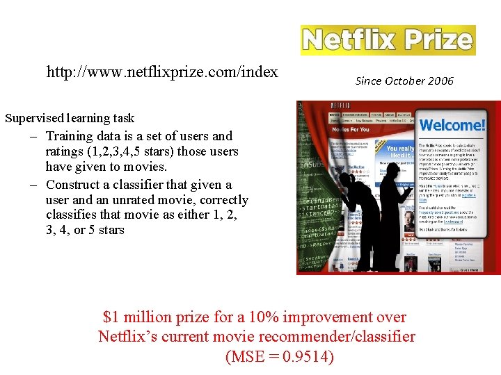 http: //www. netflixprize. com/index Since October 2006 Supervised learning task – Training data is