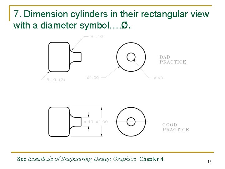 7. Dimension cylinders in their rectangular view with a diameter symbol…. Ø. See Essentials 7. Dimension cylinders in their rectangular view with a diameter symbol…. Ø. See Essentials