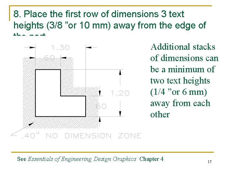 8. Place the first row of dimensions 3 text heights (3/8 ”or 10 mm) 8. Place the first row of dimensions 3 text heights (3/8 ”or 10 mm)