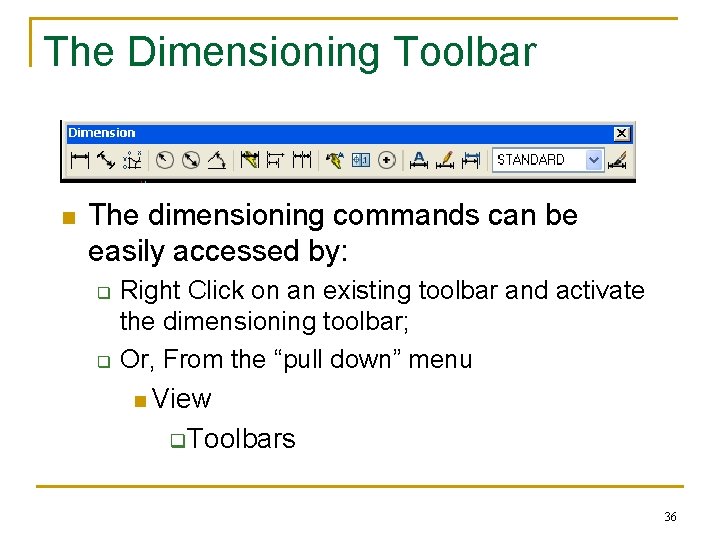 The Dimensioning Toolbar n The dimensioning commands can be easily accessed by: q q The Dimensioning Toolbar n The dimensioning commands can be easily accessed by: q q