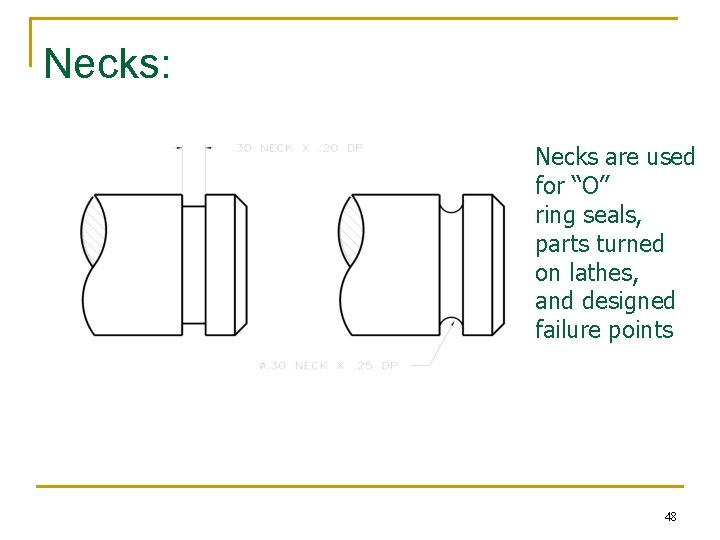 Necks: Necks are used for “O” ring seals, parts turned on lathes, and designed Necks: Necks are used for “O” ring seals, parts turned on lathes, and designed