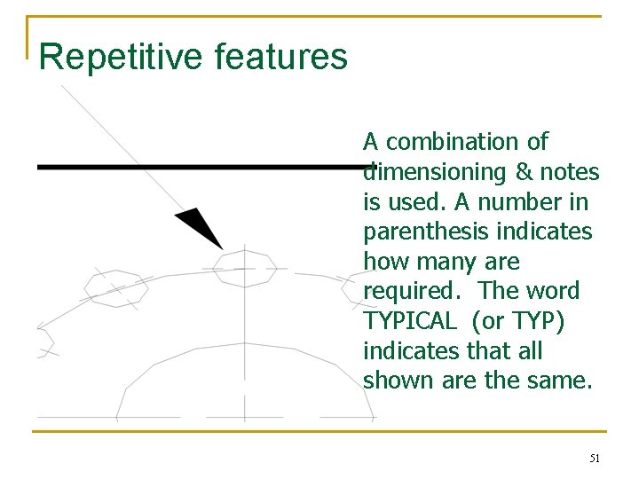 Repetitive features A combination of dimensioning & notes is used. A number in parenthesis Repetitive features A combination of dimensioning & notes is used. A number in parenthesis